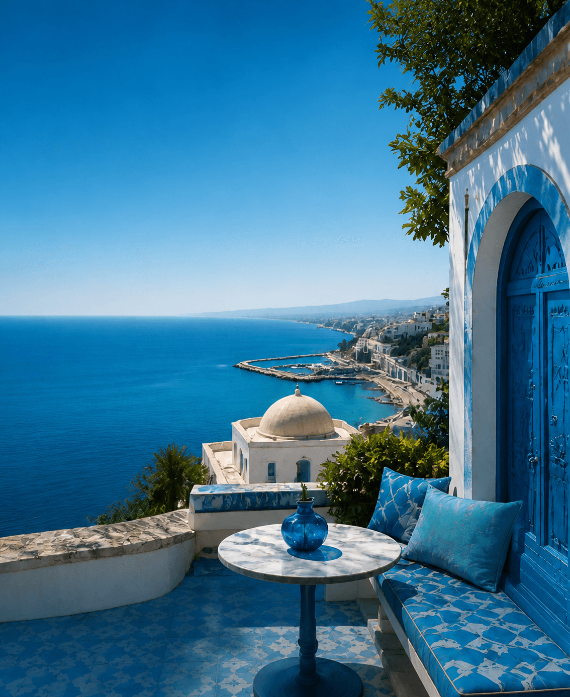 Terrasse méditerranéenne bleu et blanc surplombant la mer — Discovry Numidia